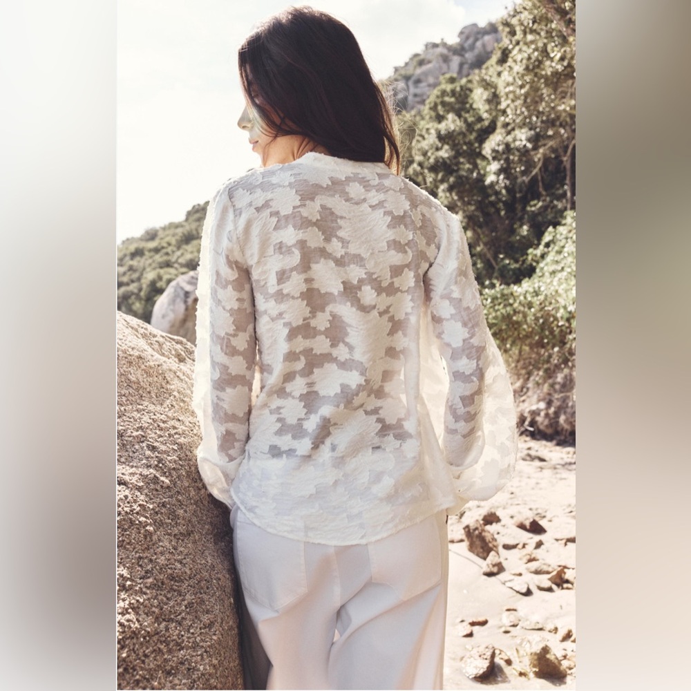 Zara Ivory Cream Floral Jacquard Tunic Peasant Long Sleeve Shirt Top Sz Large L